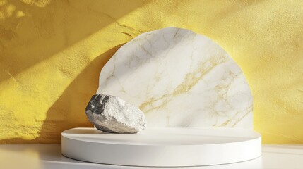 Aufkleber - 3D rendering of a white podium featuring a stone on a yellow backdrop Elegant minimalist setting for product showcase Circular white platform with a marble wall in a studio environment