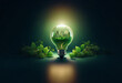 © joeycheung - A glowing light bulb with a cityscape inside, surrounded by green foliage, representing a sustainable future.