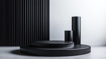 Poster - 3D showcase podium featuring a geometric platform and cylindrical stand Commercial backdrop with modern minimalistic geometric forms 3D rendering