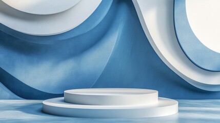 Aufkleber - Blue and white 3D rendering of a blank podium with an abstract modern background
