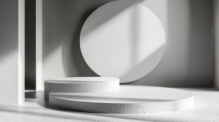 Poster - 3D rendering studio featuring geometric shapes and a podium on the floor Platforms designed for product presentation with a mock up background Abstract composition in a minimalist style