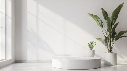 Poster - 3D rendered product display pedestal in a minimalist white room
