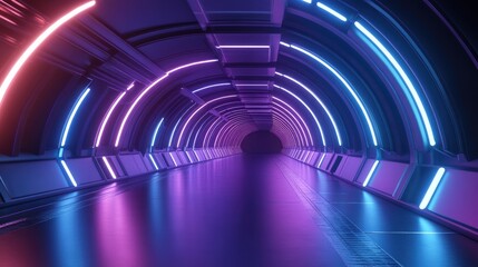 Poster - Futuristic neon glowing curved lines in blue and purple featuring vibrant soft light in a sleek metallic environment resembling an alien spaceship hangar or hallway 3D rendering illustration