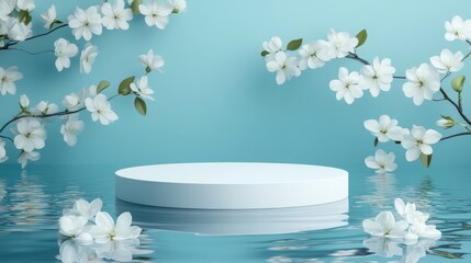 Aufkleber - White product display podium featuring water reflection and blooming flowers on a blue background 3D rendering