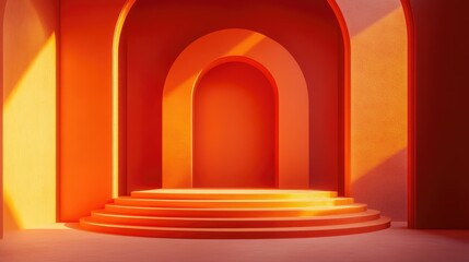 Poster - Minimalistic background featuring a podium display with modern geometric shapes in orange ideal for showcasing concepts in a 3D rendered scene