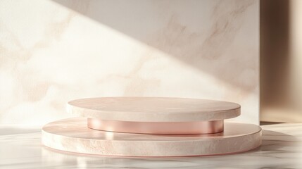 Poster - Minimalist composition featuring a pink platform set on a marble podium Accented with pink metal details against a white abstract background Geometric shapes create a space for product display 3D 