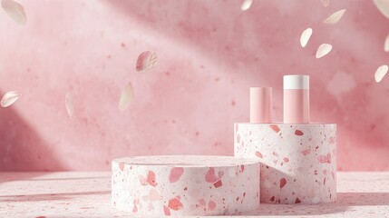 Poster - 3D rendering of a natural beauty podium backdrop for showcasing cosmetic products featuring a fashion forward terrazzo texture background