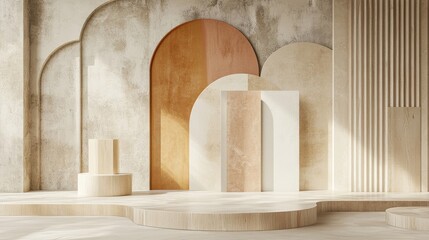 Poster - Minimalist abstract background featuring geometric shapes a stylish podium and a showcase in pastel tones for premium products 3D render
