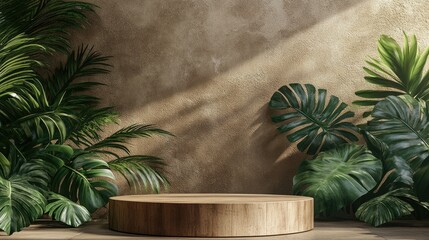 Poster - Brown cylindrical wooden podium against a brown concrete wall background styled with palm and monstera leaves creating a scene for product mockup showcasing sales discounts and offers 3D render il