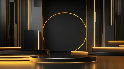 Fototapete - 3D Abstract Shape and Geometry in Black and Gold Color Stage Mockup Background