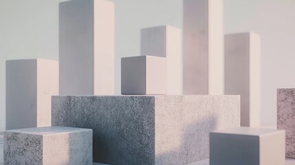 Aufkleber - Minimalist studio background featuring 3D gray and white cubes on a square podium Abstract geometric shape illustration rendering designed for showcasing cosmetic perfume or fashion products