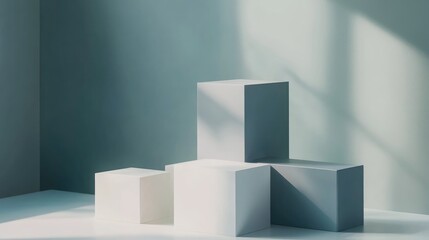 Aufkleber - Minimalist studio background featuring 3D gray and white cubes on a square podium Abstract geometric shape illustration rendering designed for showcasing cosmetic perfume or fashion products