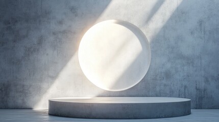 Poster - Abstract white light illuminating a textured wall background featuring a geometric shape 3D rendered design for product display on a website Mockup with a gray podium scene concept Empty showcase 