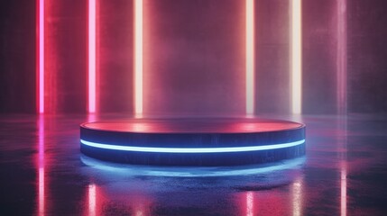Poster - Futuristic Podium with Neon Illumination and Blurred Floor Reflections for Product Display 3D Render