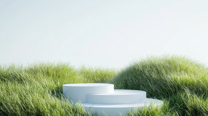 Aufkleber - White step podium in a grassy field for product display set against a white background 3D rendering