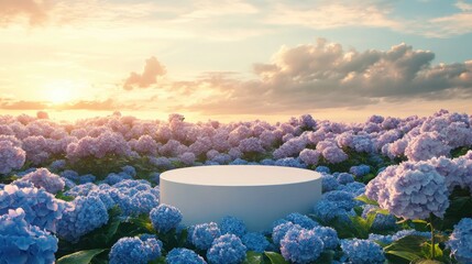 Poster - Natural beauty display podium surrounded by a hydrangea flower field 3D rendering