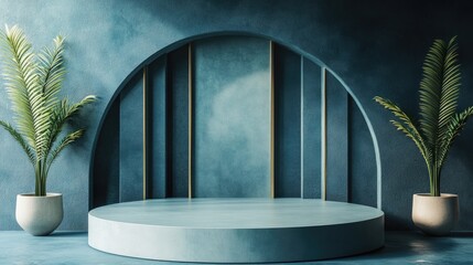 Poster - Abstract blue geometric background featuring a podium in a contemporary style 3D rendering