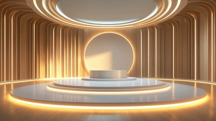 Aufkleber - Contemporary empty hall featuring a central podium and circular lighting Concept of performance and presentation 3D rendering