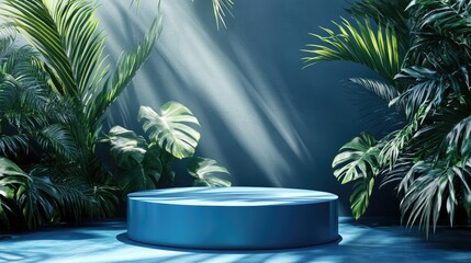 Aufkleber - Blue platform with plants in the foreground and shaded foliage in the background creating an abstract setting for product presentation or advertising 3D rendering