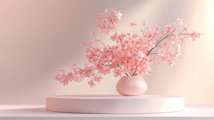 Poster - 3D render of an abstract podium display featuring a pink floral arrangement for product promotion