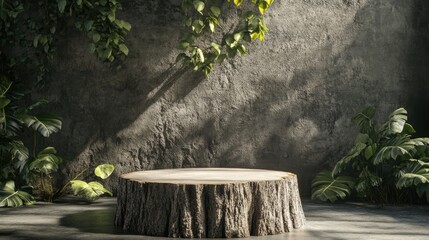 Poster - Podium backdrop featuring a tree trunk as a support embodying a nature theme 3D rendering