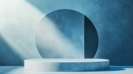 Aufkleber - Minimalist composition featuring a podium against an abstract backdrop Geometric shapes in classic blue hues 3D rendering of the scene with geometric forms and a blue background