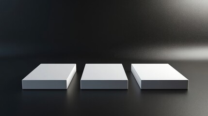 Fototapete - Vignette depiction of four white square platforms on a black background studio setting 3D render