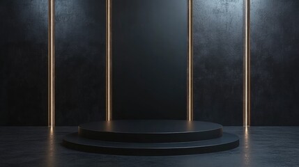 Fototapete - Black podium with a black background featuring illuminated advertising display 3D rendering