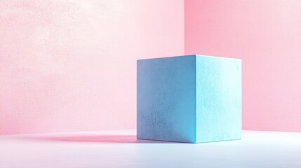Poster - Minimalist summer concept featuring a blue cube against a pastel background 3D rendering