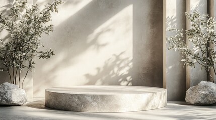 Aufkleber - Exhibition podium and stand set against a soft pastel architectural backdrop for high end products 3D render Subtle botanical elements with shadows and natural stone accents create a contemporary 
