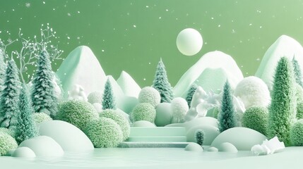 Aufkleber - Abstract 3D composition featuring a winter themed backdrop suitable for product presentation with a green color scheme