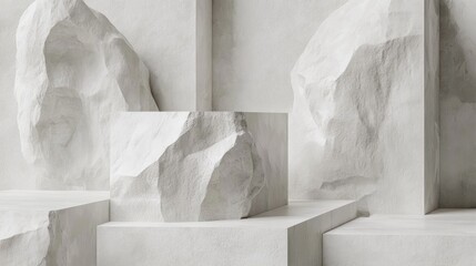 Poster - Minimalist geometric background featuring stone and rock shapes ideal for podium display or showcasing products Textured white stone slabs create a visually appealing backdrop rendered in 3D