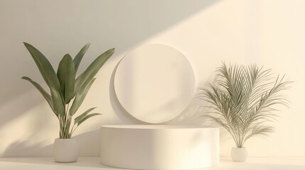 Fototapete - Empty white podium with an abstract hipster backdrop 3D illustration of a display pedestal for showcasing mockup platforms for cosmetic presentations in a minimalistic design
