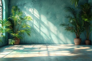 Poster - Green Plants in Pots against a Teal Wall with Sunbeams