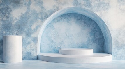 Poster - Minimalistic podium with an abstract backdrop in soft blue pastel hues 3D rendering