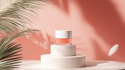 Poster - 3D rendering of a background podium and display stand featuring an abstract minimal scene with geometric forms showcasing calming coral and white colored cylindrical glass elements designed for co