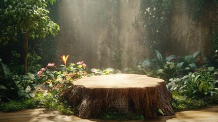 Poster - Podium backdrop featuring a tree trunk as a support embodying a nature theme 3D rendering