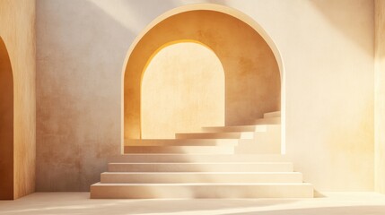 Fototapete - Studio featuring geometric shapes and an arched staircase with steps designed as a podium or showcase against a soft pastel backdrop for high end products 3D render Modern and elegant graphic desi