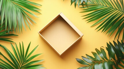 Poster - Empty natural cube box on a vibrant summer background with tropical palm leaves suitable for showcasing cosmetic products Flat lay perspective 3D rendering