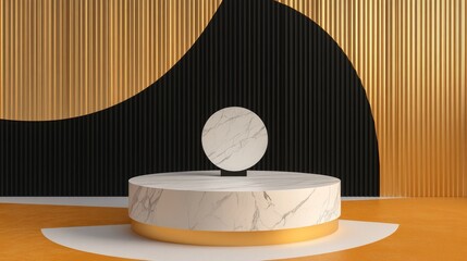 Poster - 3D abstract exhibition space featuring a realistic white marble pedestal in an elegant design Minimalist setting ideal for product showcase template presentation with a black and golden geometric 