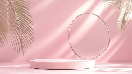 Aufkleber - 3D rendered illustration of an abstract geometric podium composition featuring palm leaves shadows against a pastel background embodying a minimal concept for product showcase and luxury branding 