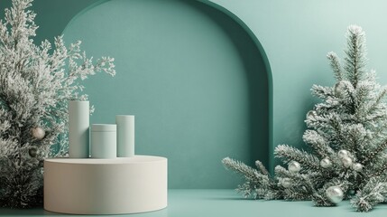 Aufkleber - Abstract minimal mock up scene featuring geometric podium shapes for showcasing cosmetic product displays Stage pedestal on a winter themed green background 3D rendering