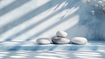 Poster - Minimal product display stand featuring rocks and shadows Podium mock up in an abstract composition of white and blue pastels created through 3D rendering and illustration