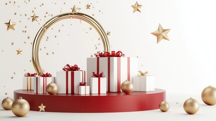Aufkleber - 3D rendering of a realistic product display stand featuring a red and gold theme adorned with a ring of stars white gift boxes and gold balls on a white background Elegant presentation for a festi