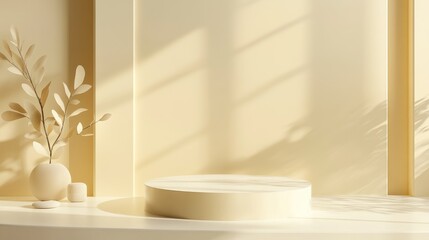 Poster - Minimal 3D rendered scene featuring an empty cube podium in shades of pastel yellow designed for cosmetic product display and abstract background showcase Geometric pedestal in soft colors for moc