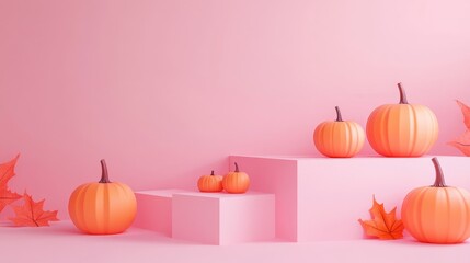 Poster - 3D render of an abstract pink background featuring geometric podiums for product display complemented by Halloween pumpkins Minimalist design