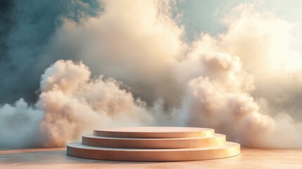 Poster - 3D Rendered Podium Stage with Abstract Cloud Backdrop