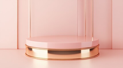 Poster - Rose gold and pink cylindrical pedestal 3D rendering of a platform with a minimalistic stage and abstract geometric background