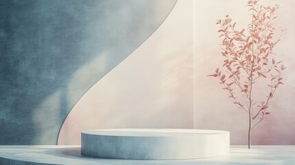 Poster - Minimalist 3D rendering featuring a podium against an abstract backdrop with geometric shapes in soft pastel hues