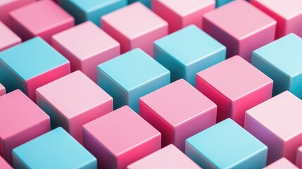 Poster - 3D illustration featuring rows of pink and blue squares Collection of cubes on a monochrome background creating a geometric pattern